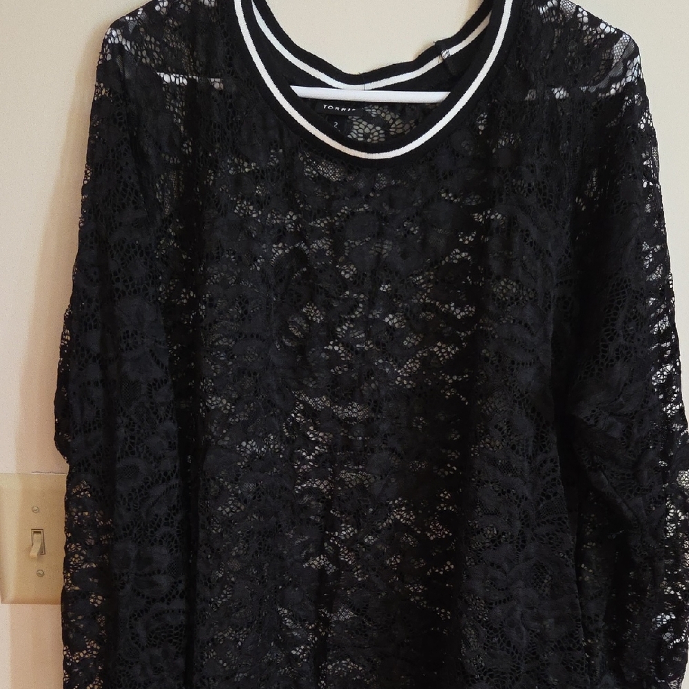 Torrid Black Lace Blouse with White Trim